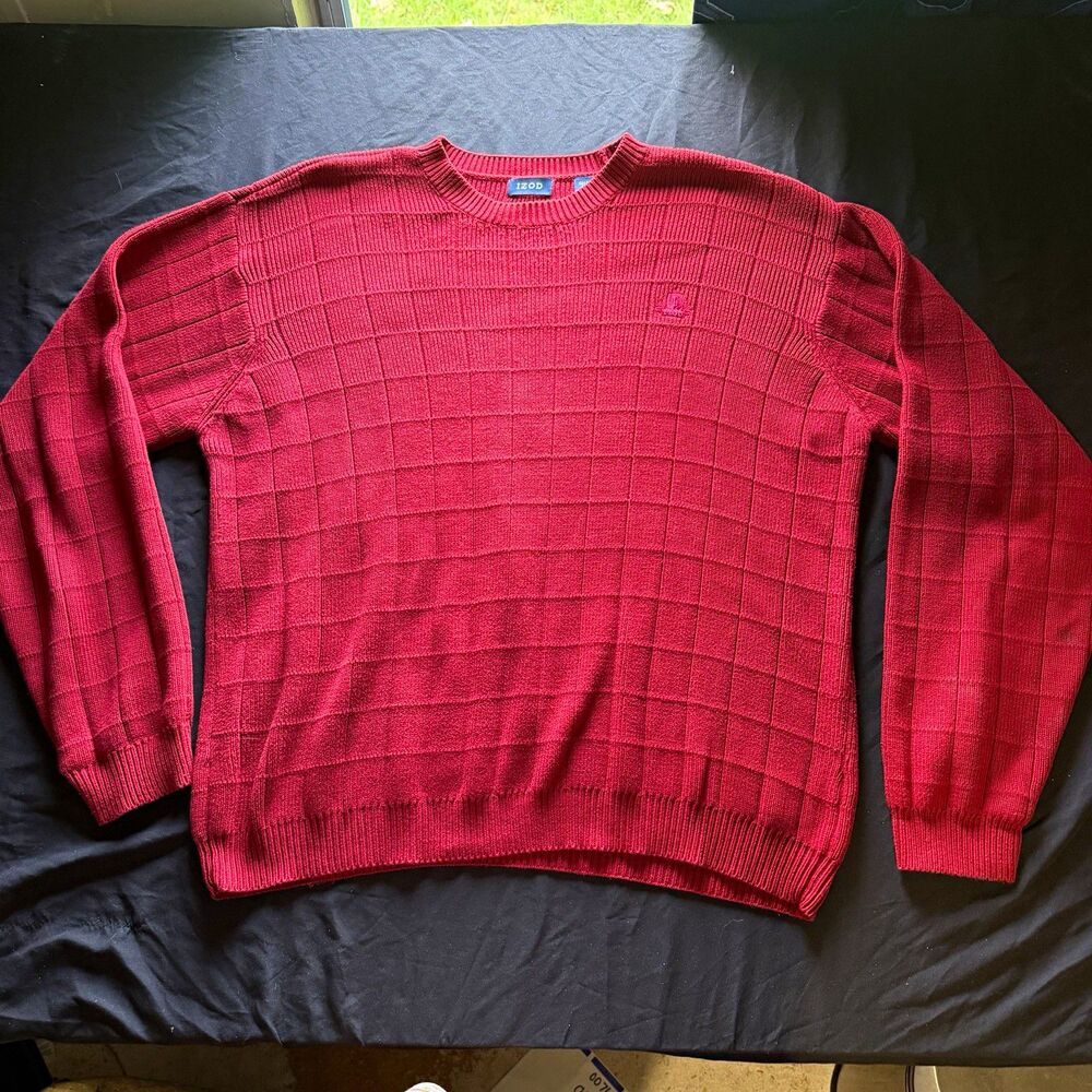 IZOD Mens Textured Cotton Sweater L Burgundy Dark Academia Preppy Crewneck